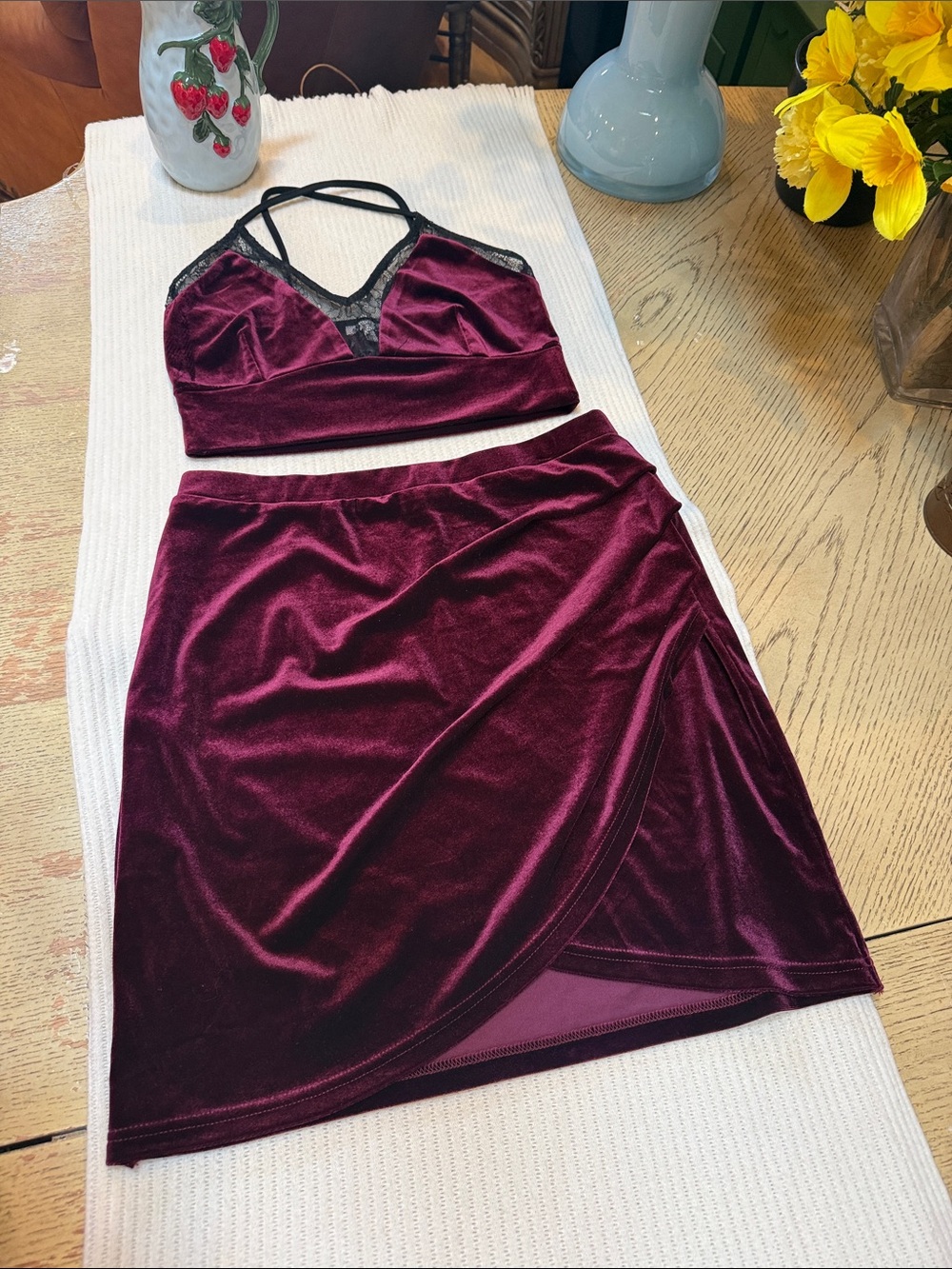 Charlotte Russe Burgundy Velvet Two-Piece Skirt Set